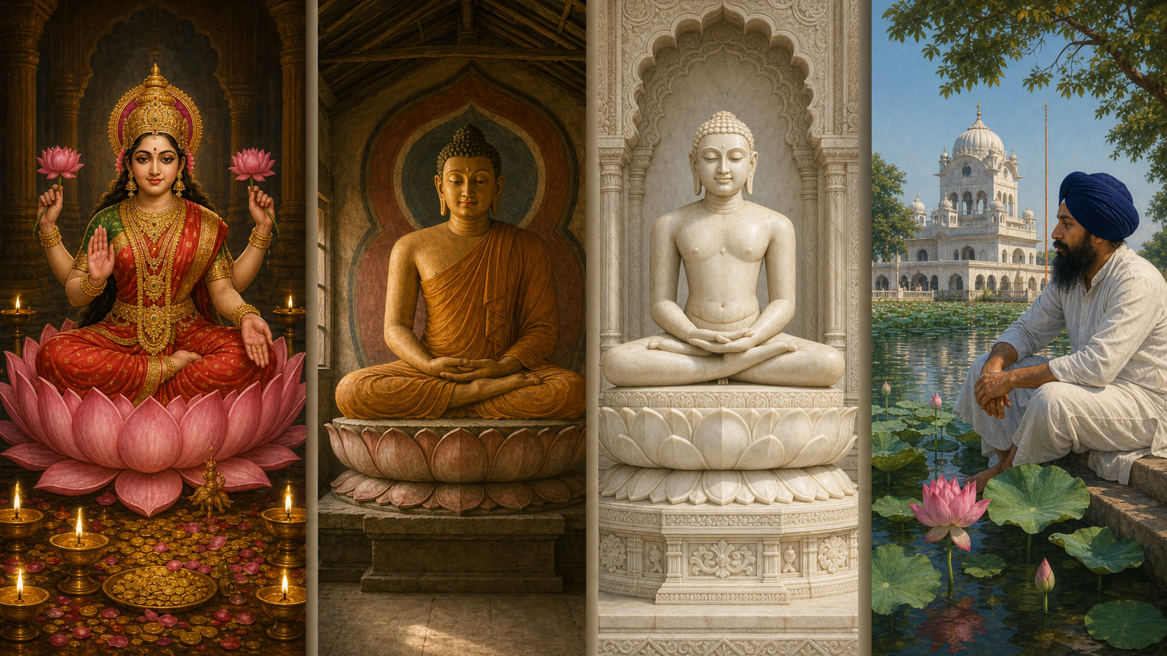 Four separate panels show Lakshmi on a lotus, a Buddha image on a lotus pedestal, a Jain Tirthankara above a carved lotus base, and a Sikh devotee sitting beside a lotus pond.