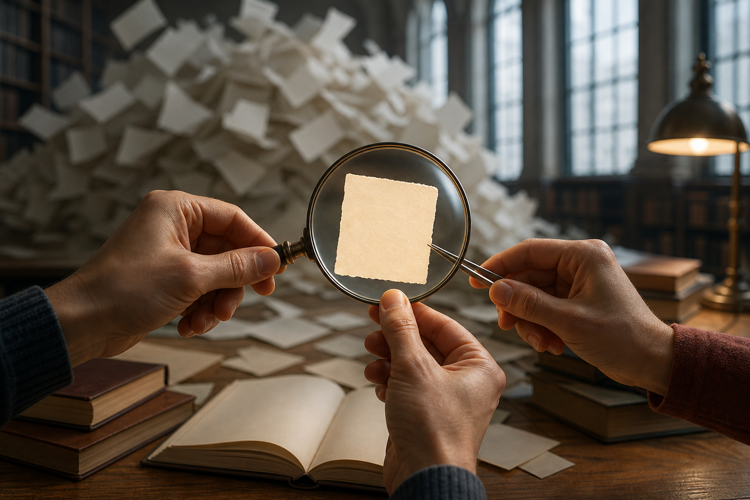 Several people use a magnifying lens to examine one blank document while scattered papers blur into the background on a library table.