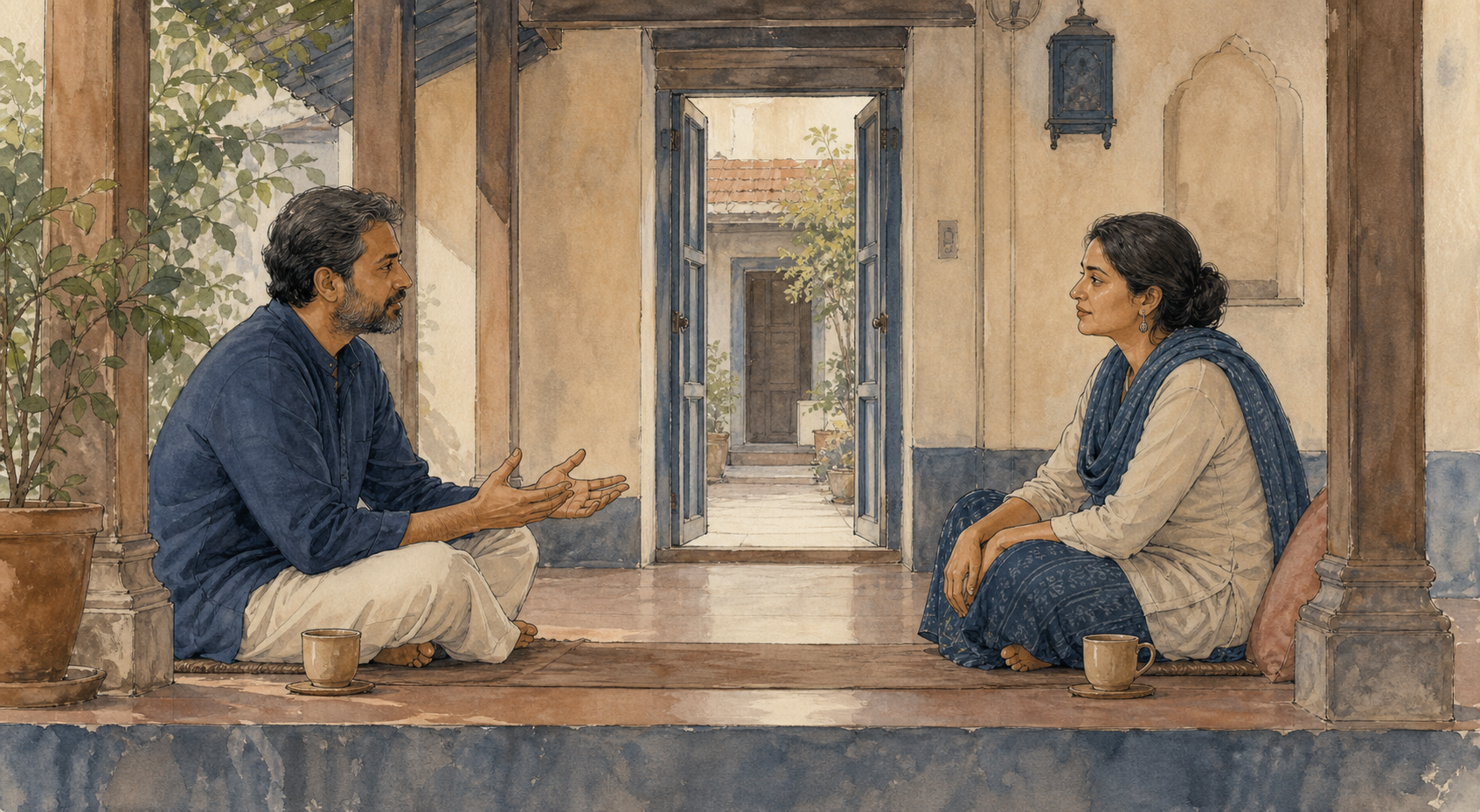 Two adults sit at equal height on a veranda, speaking with open postures beside an unobstructed doorway.