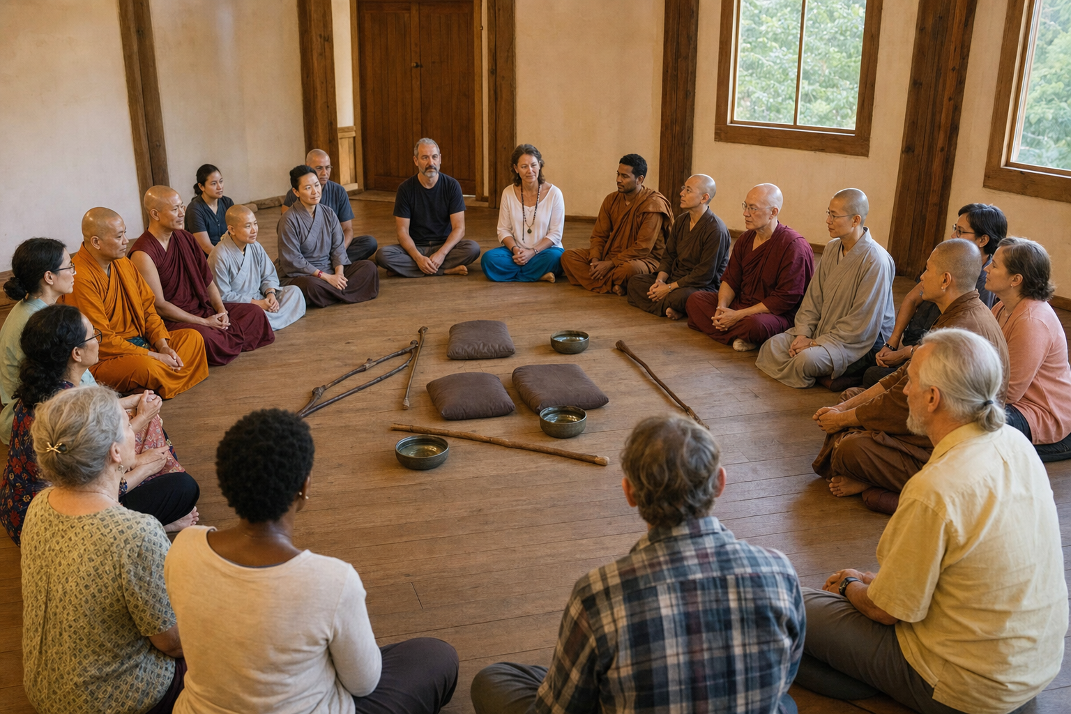 Buddhist monastics from several traditions and local participants sit together in a listening circle inside a community hall.