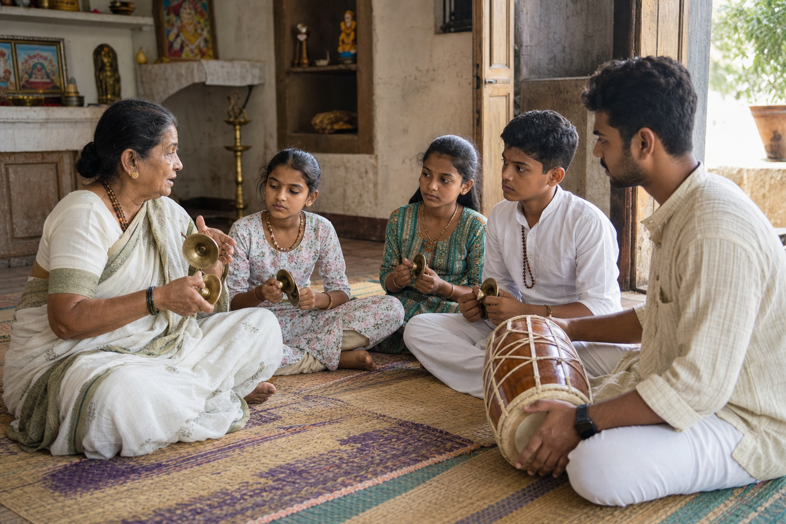 A Warkari woman teaches three young learners the rhythm of devotional singing with brass cymbals while an adult accompanist holds a hand drum.