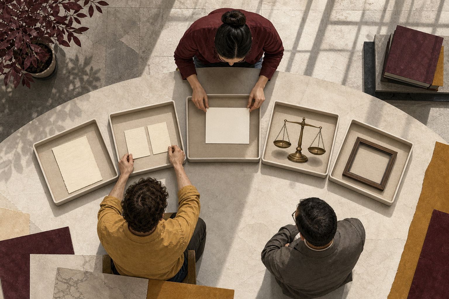 Researchers sort blank source materials and analytical objects into five trays arranged on a university table.
