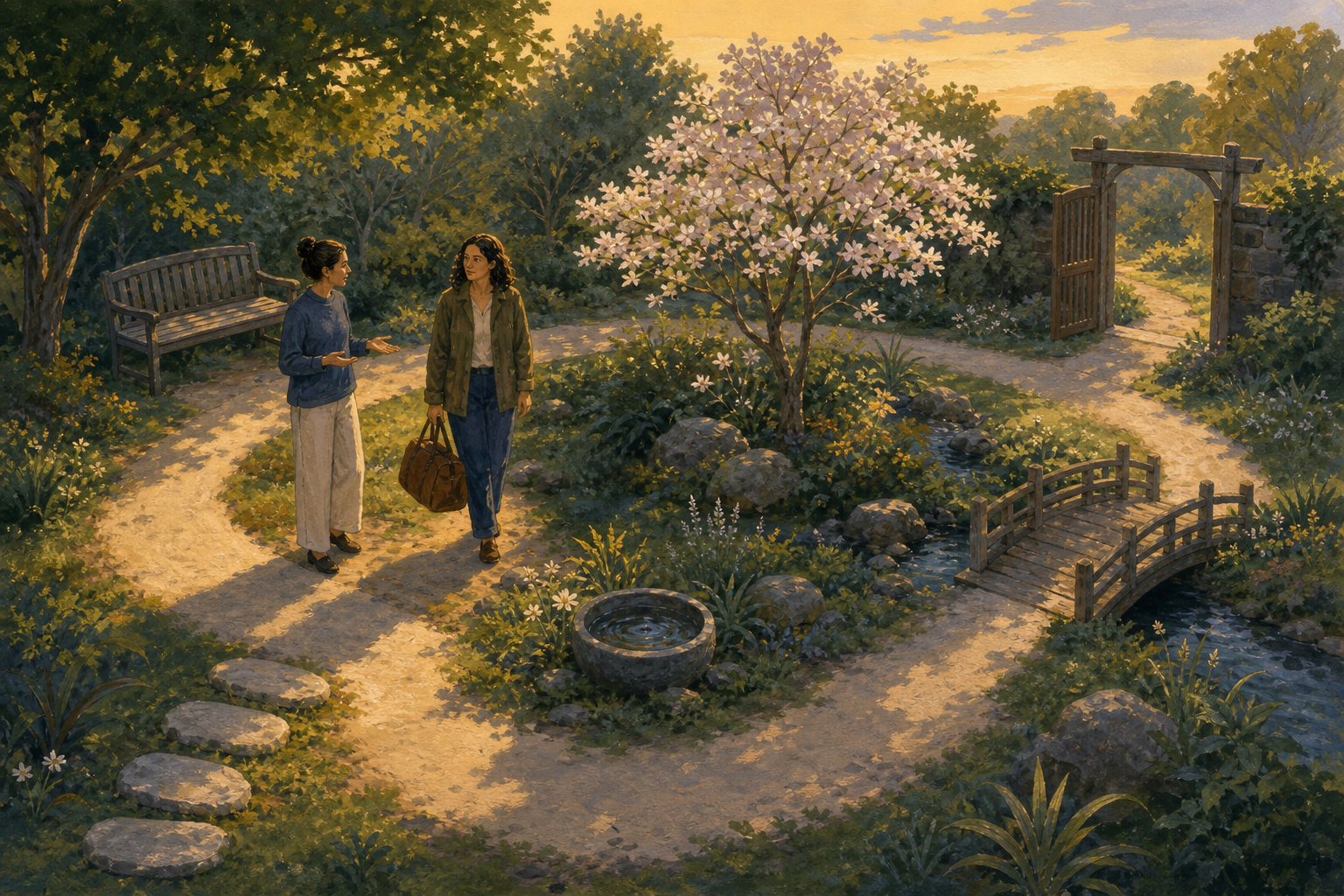 Two friends move through a garden conversation marked by six natural stopping places, while one person continues to carry their own bag.