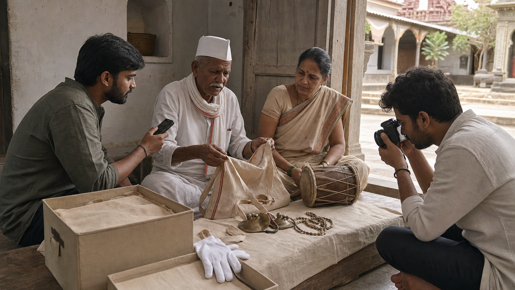 Warkari custodians and younger community members document the use of pilgrimage objects together in a temple-side room.