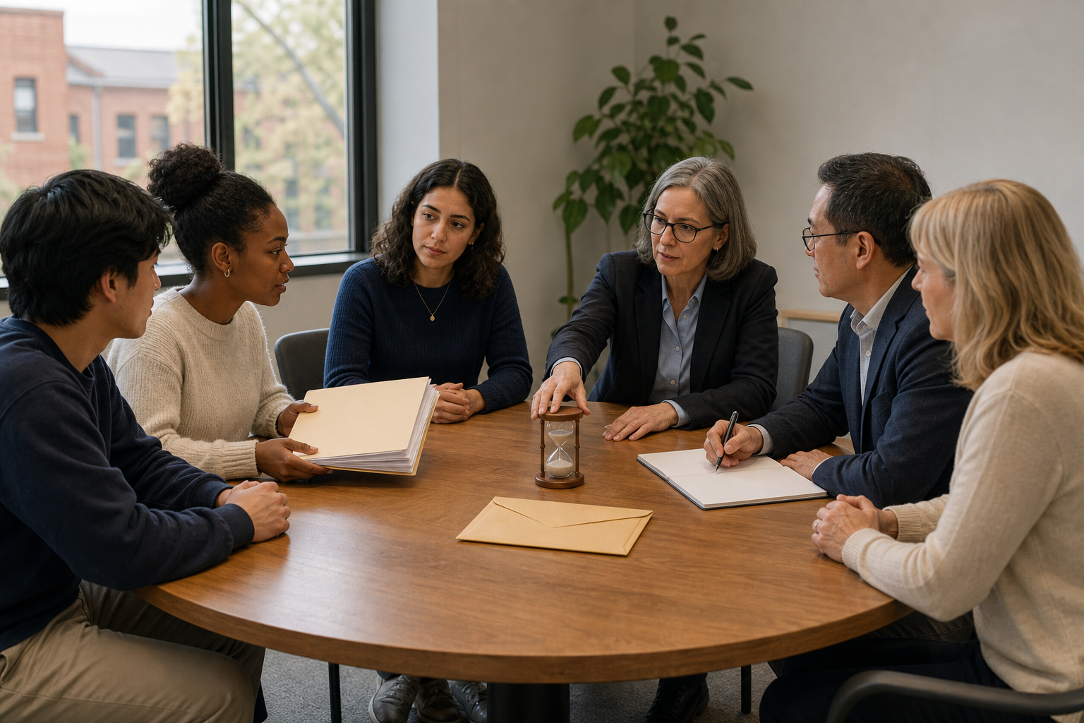 Students present an evidence folder to university administrators and a faculty observer during a calm conference-room meeting.