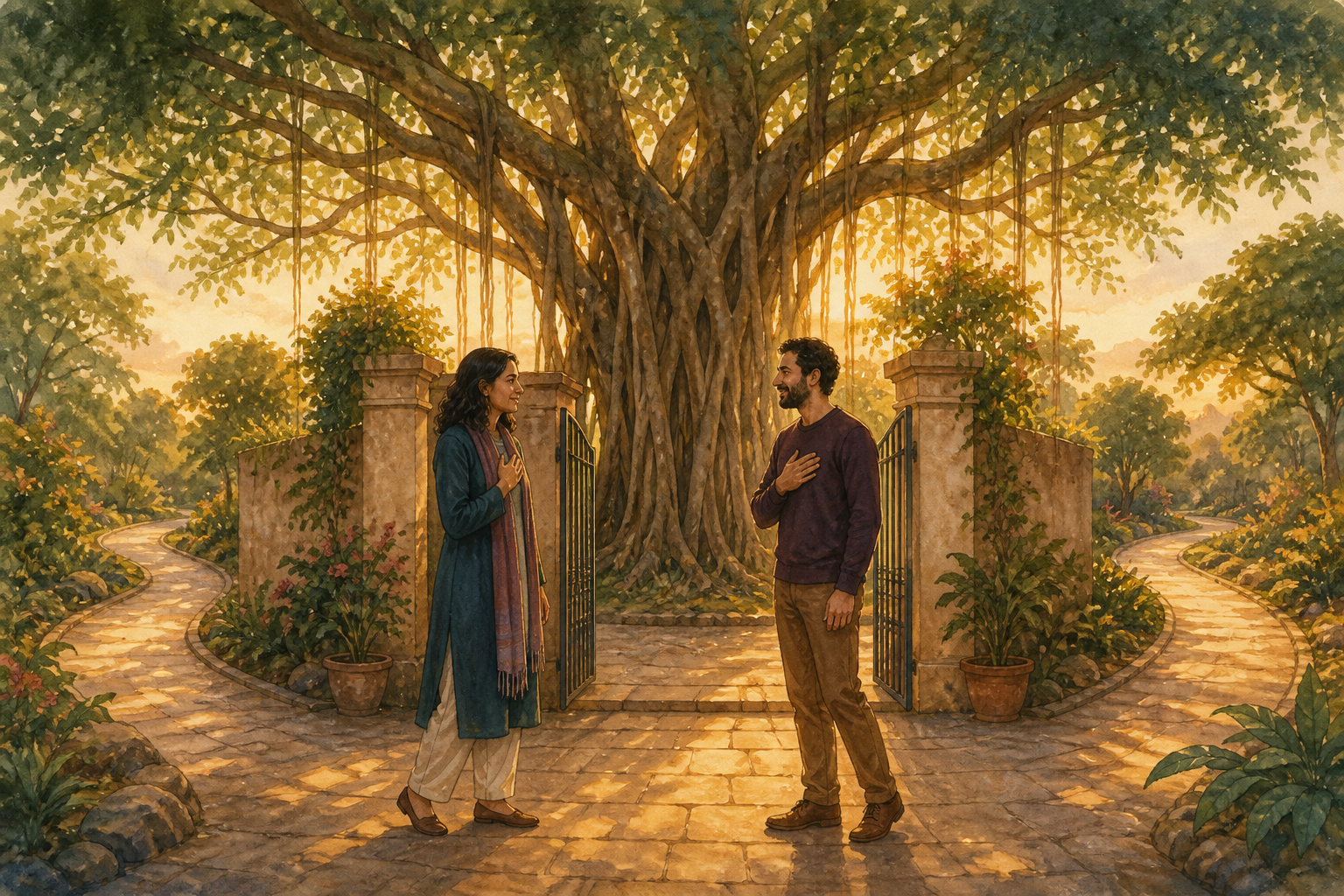 Two adults part respectfully at a courtyard gate and take different paths beneath the same large tree.