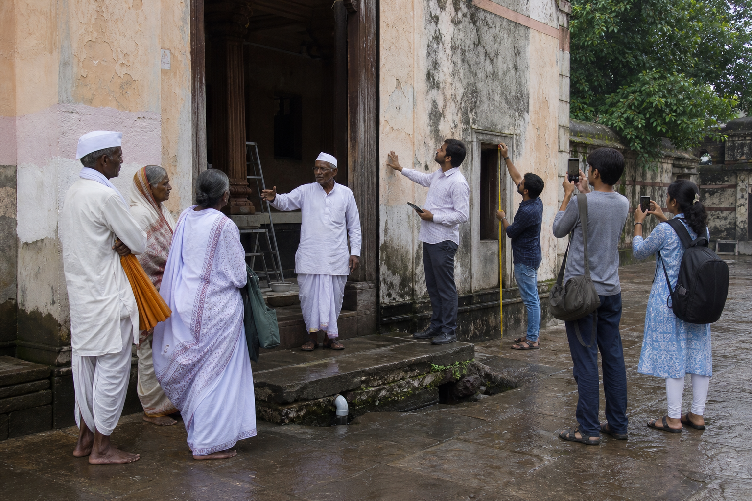 Warkari community members and local staff inspect drainage, damaged plaster, and access conditions at a historic community hall.