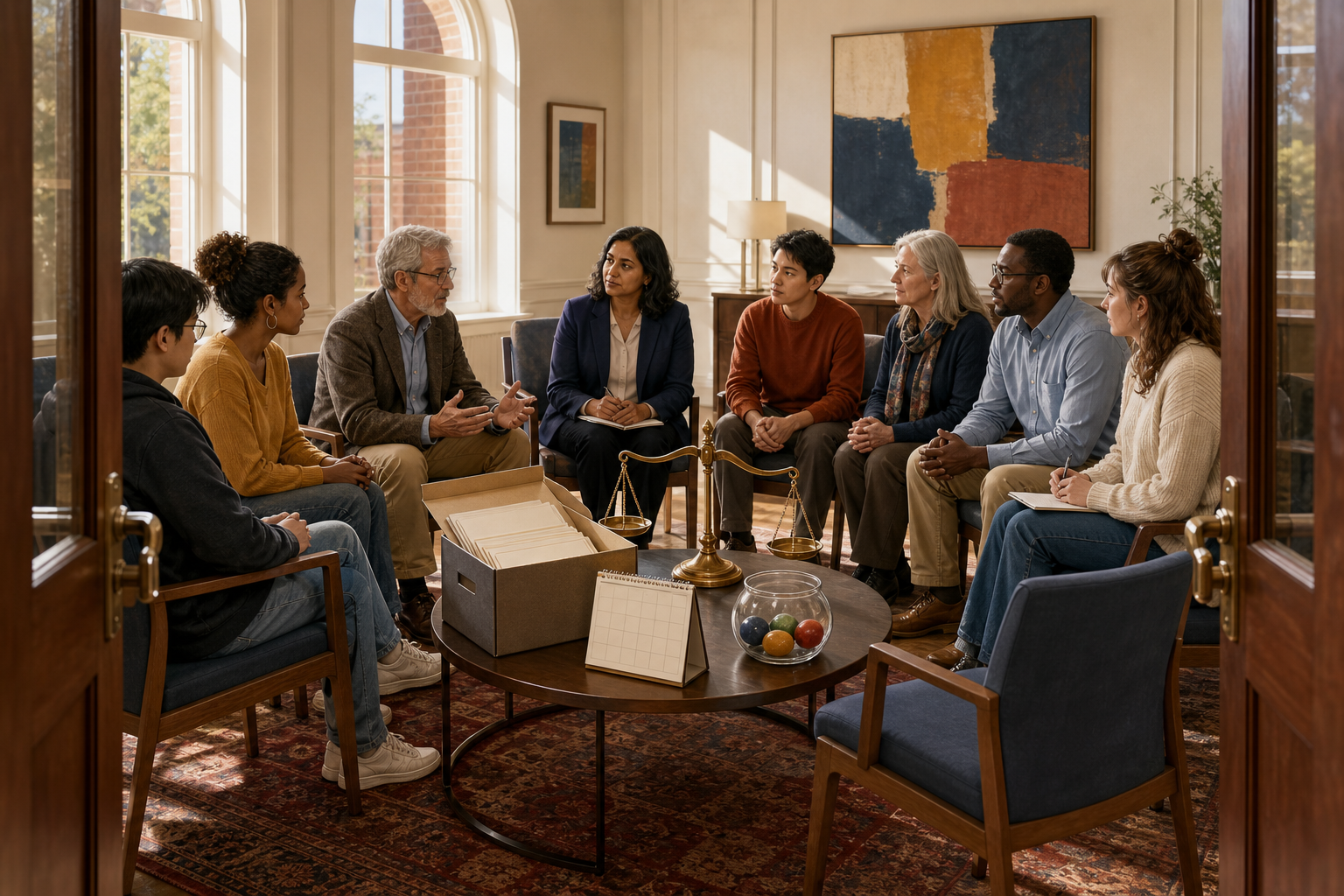 Students, faculty, community representatives, and an independent reviewer sit in a circle around evidence materials, a balance scale, and a blank calendar.