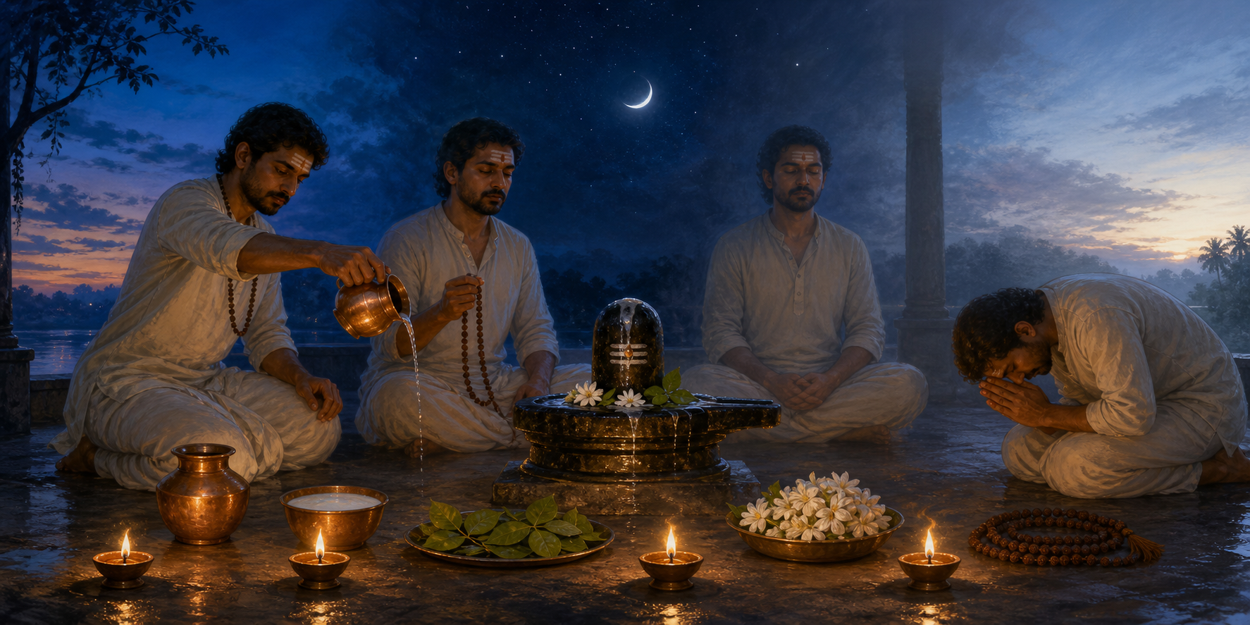 Four lamps and successive moments of abhisheka, mantra prayer, silent sitting, and reverence show an overnight Shiva vigil progressing toward dawn.