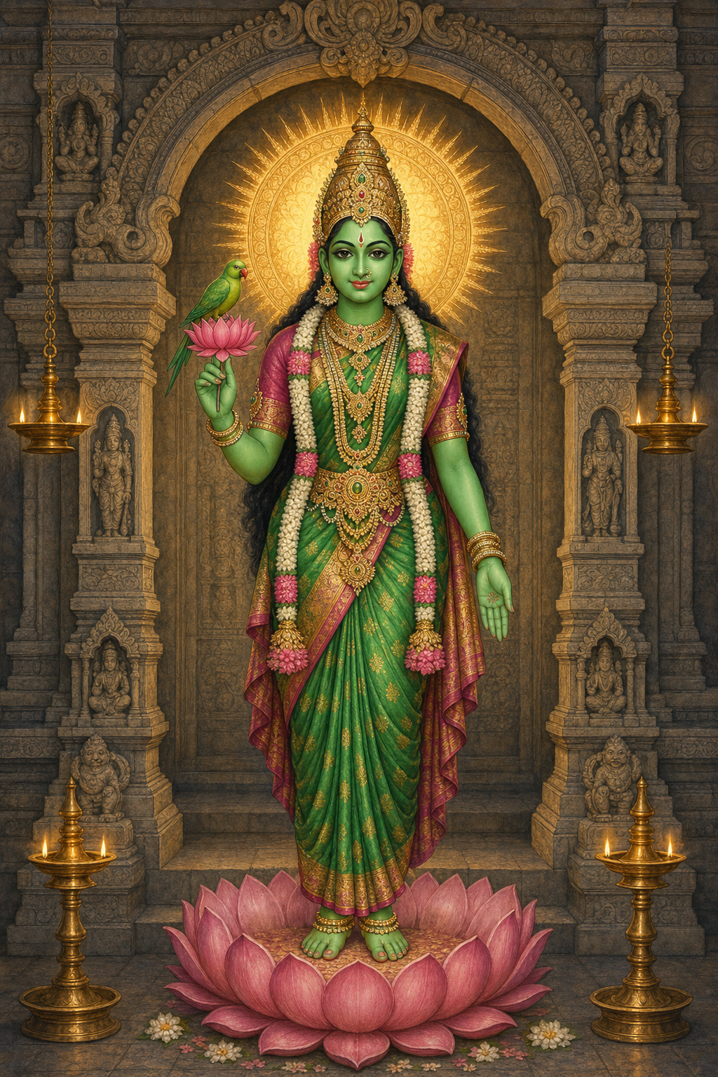 A full-length two-armed image of green-complexioned Meenakshi stands on a lotus pedestal wearing a crown, jewelry, garlands, and a silk sari while holding a lotus with a parrot.