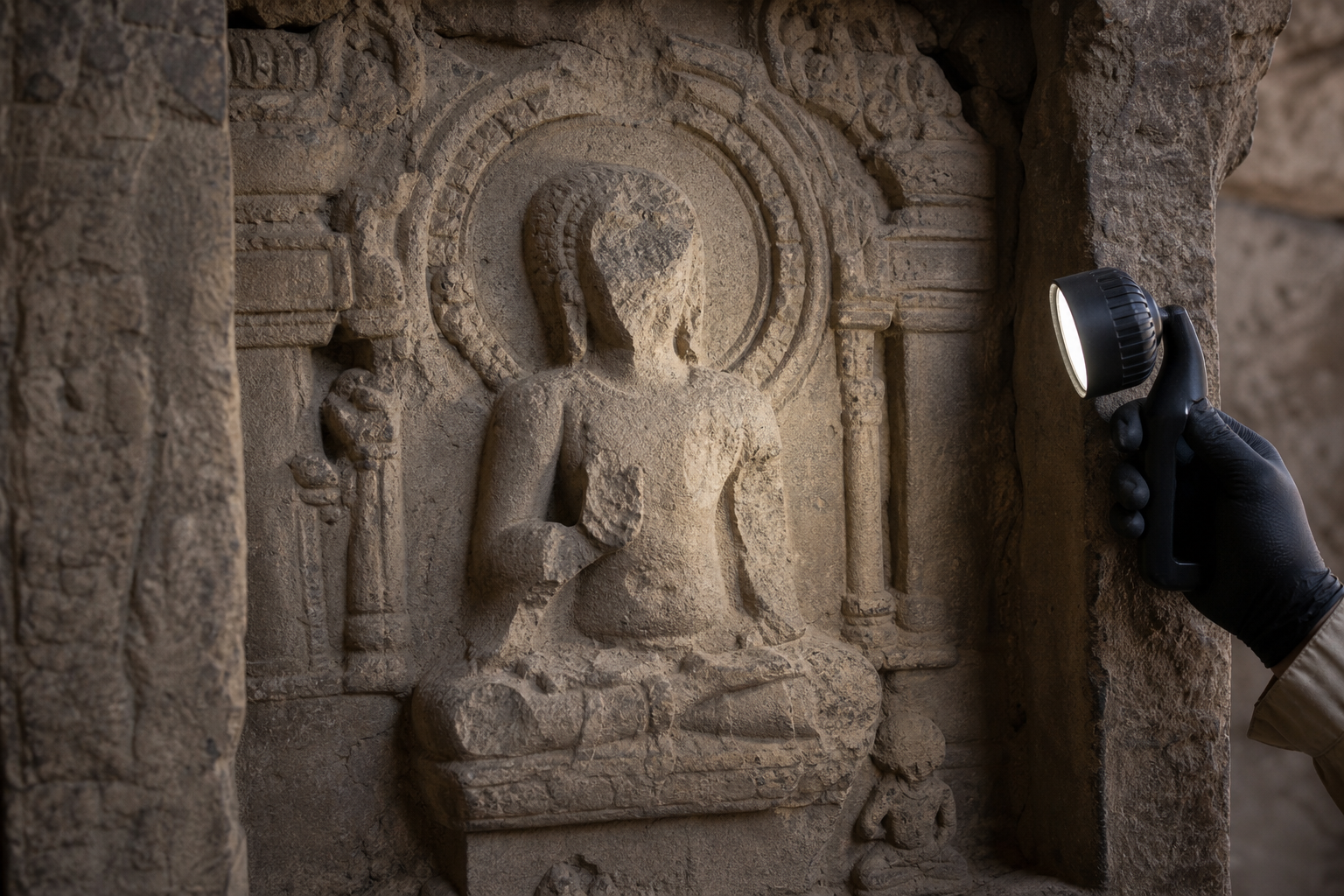 A side light reveals clear and eroded details on a damaged temple relief while a gloved observer examines it without touching the stone.