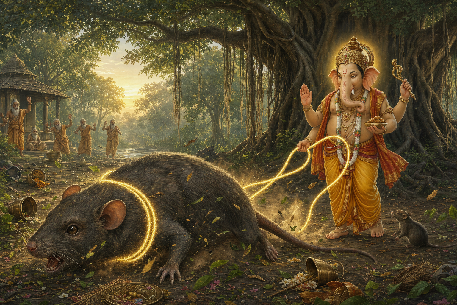 Ganesha calmly restrains the giant mouse Krauncha with a noose in a forest hermitage as sages watch from a distance.