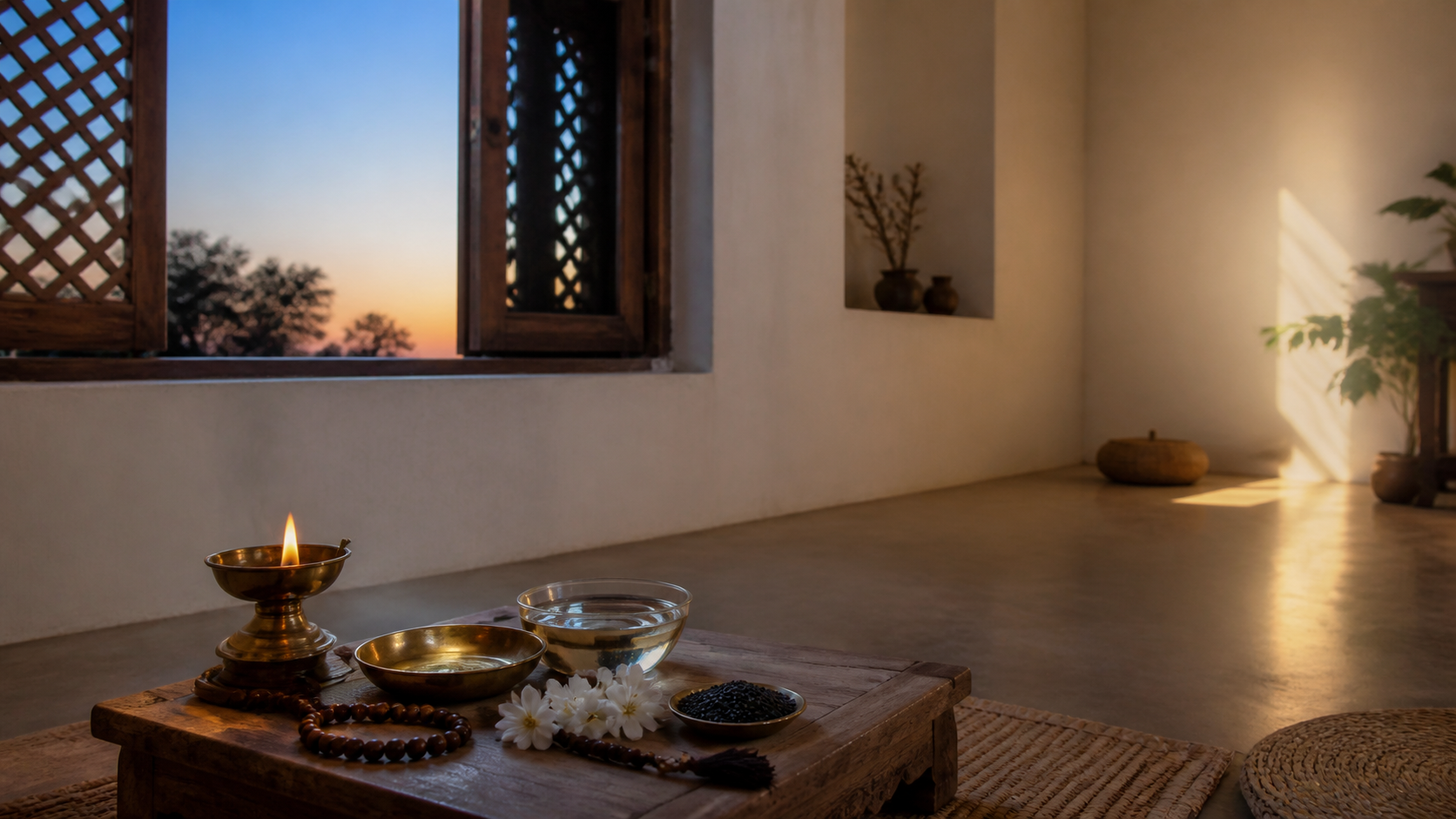 A brass lamp, water bowl, white flowers, sesame seeds, and prayer beads arranged in a quiet Indian home as dawn changes into morning light.