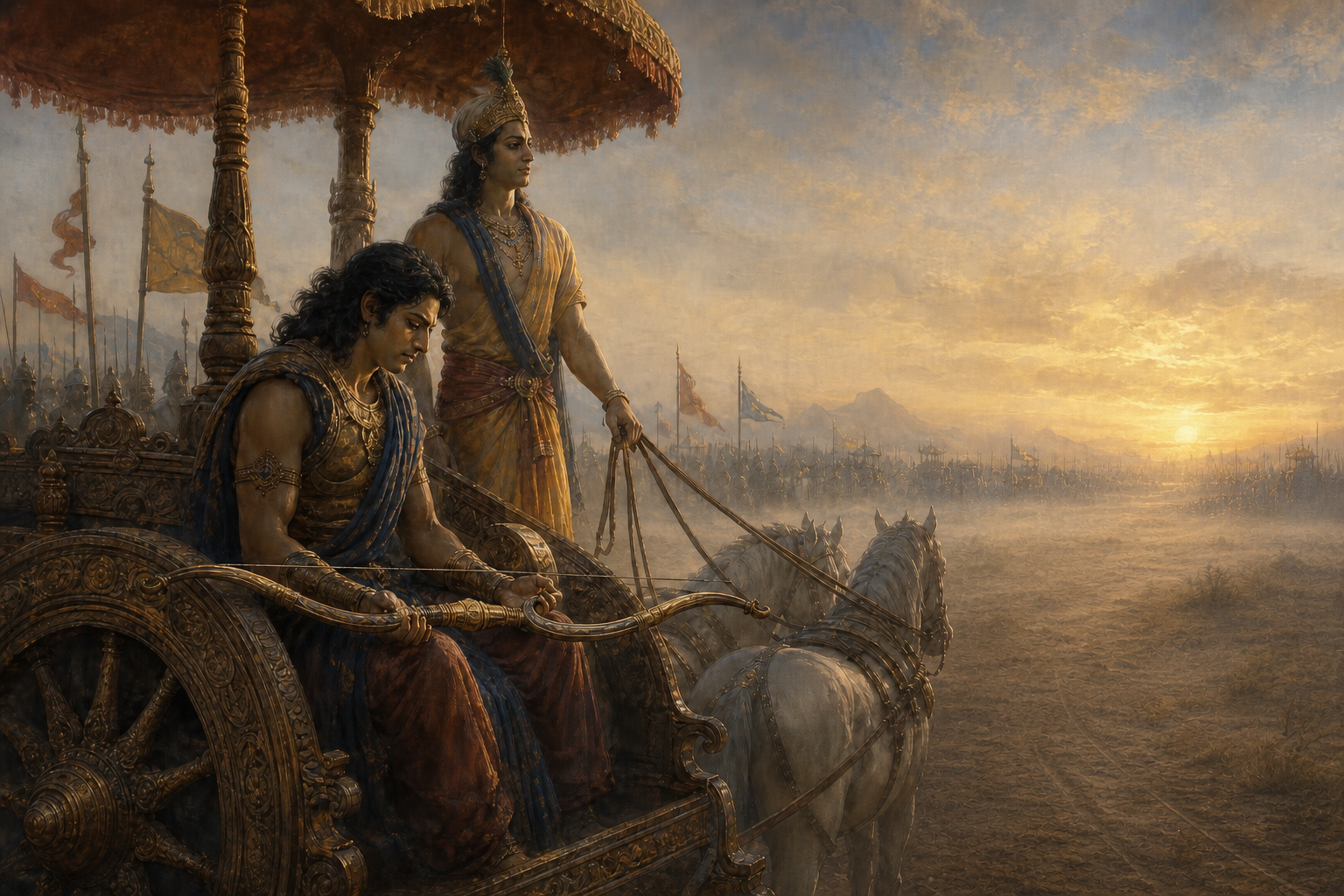 A troubled archer sits with his bow lowered in an ancient Indian chariot while a calm charioteer stands beside him on a misty battlefield at dawn.
