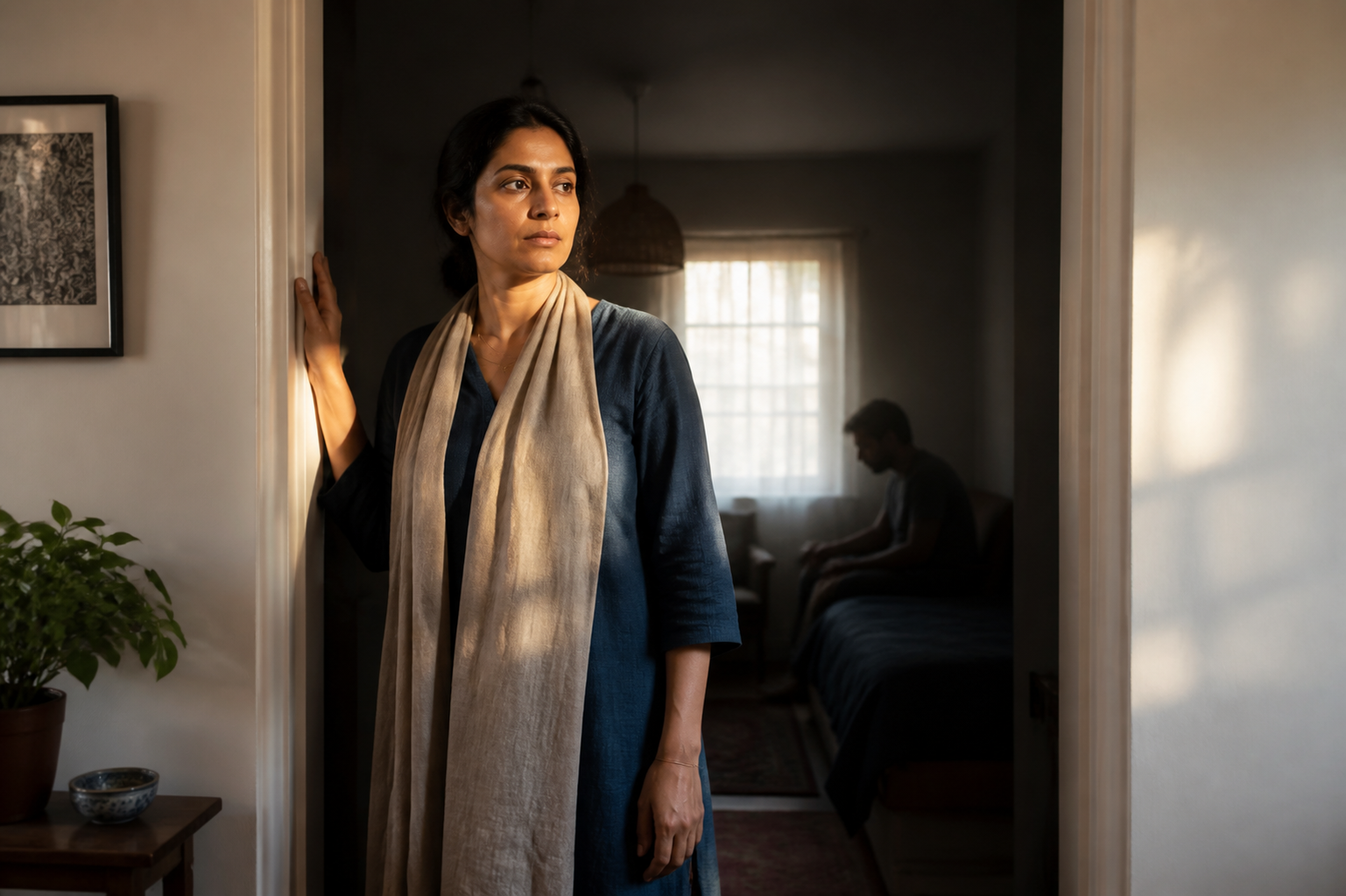 An adult stands calmly at a sunlit doorway while a loved one sits as an indistinct figure in the dim room behind them.