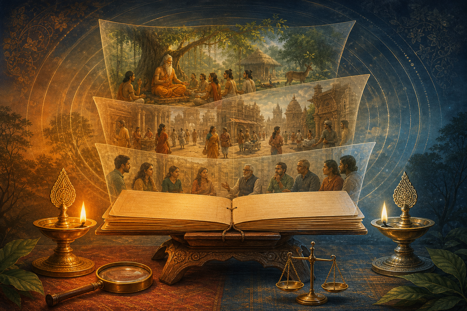 An open palm-leaf manuscript illuminated by two oil lamps, with layered scenes of a forest, an ancient city, and a modern discussion circle rising from its pages.