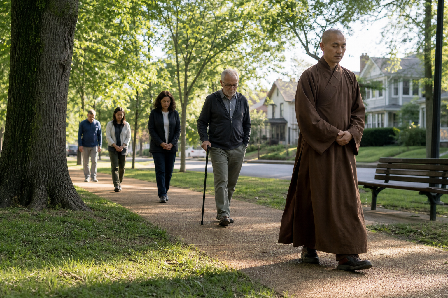 A small multigenerational group walks silently through a neighborhood park with a Buddhist monastic.