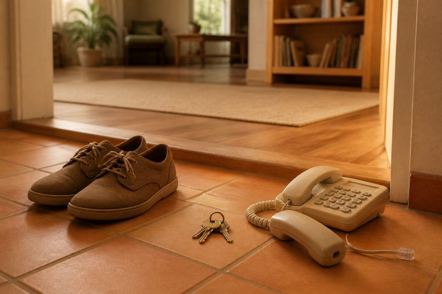 House keys, shoes, and an unplugged telephone sit beside a wooden threshold in a softly lit room.