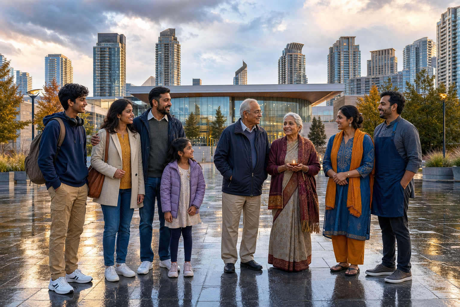 A diverse group of Hindu residents stands in a modern civic square, with municipal architecture and Mississauga high-rises behind them.