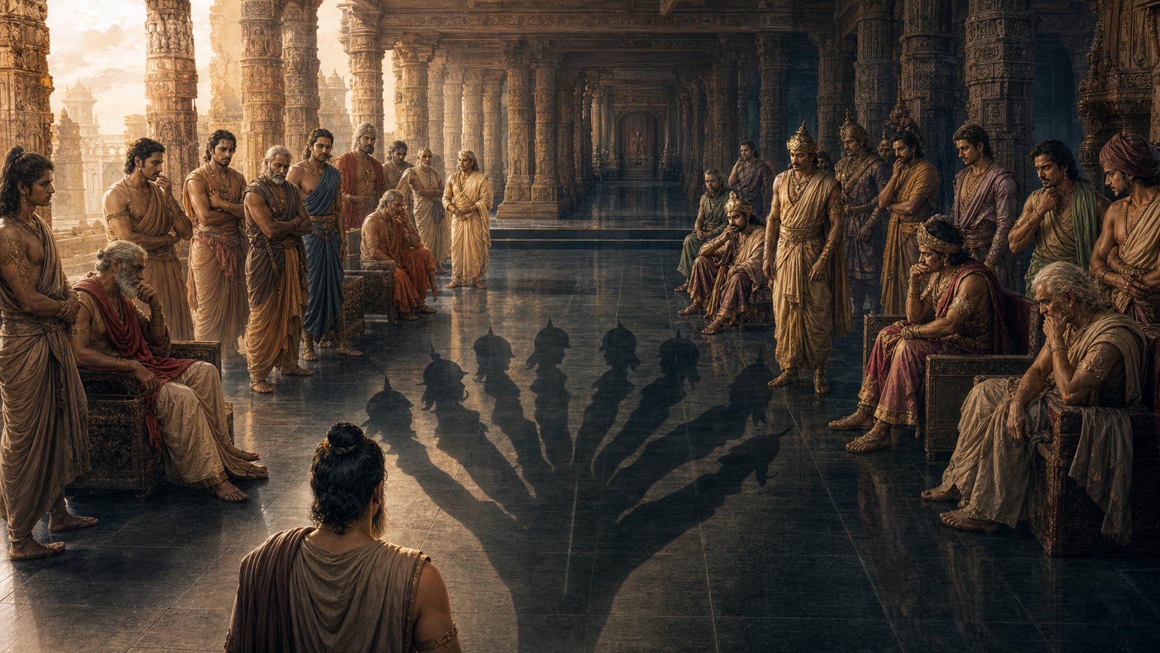 Two groups of court figures face each other in a pillared hall as a foreground observer casts several exaggerated warrior-like shadows across the floor.