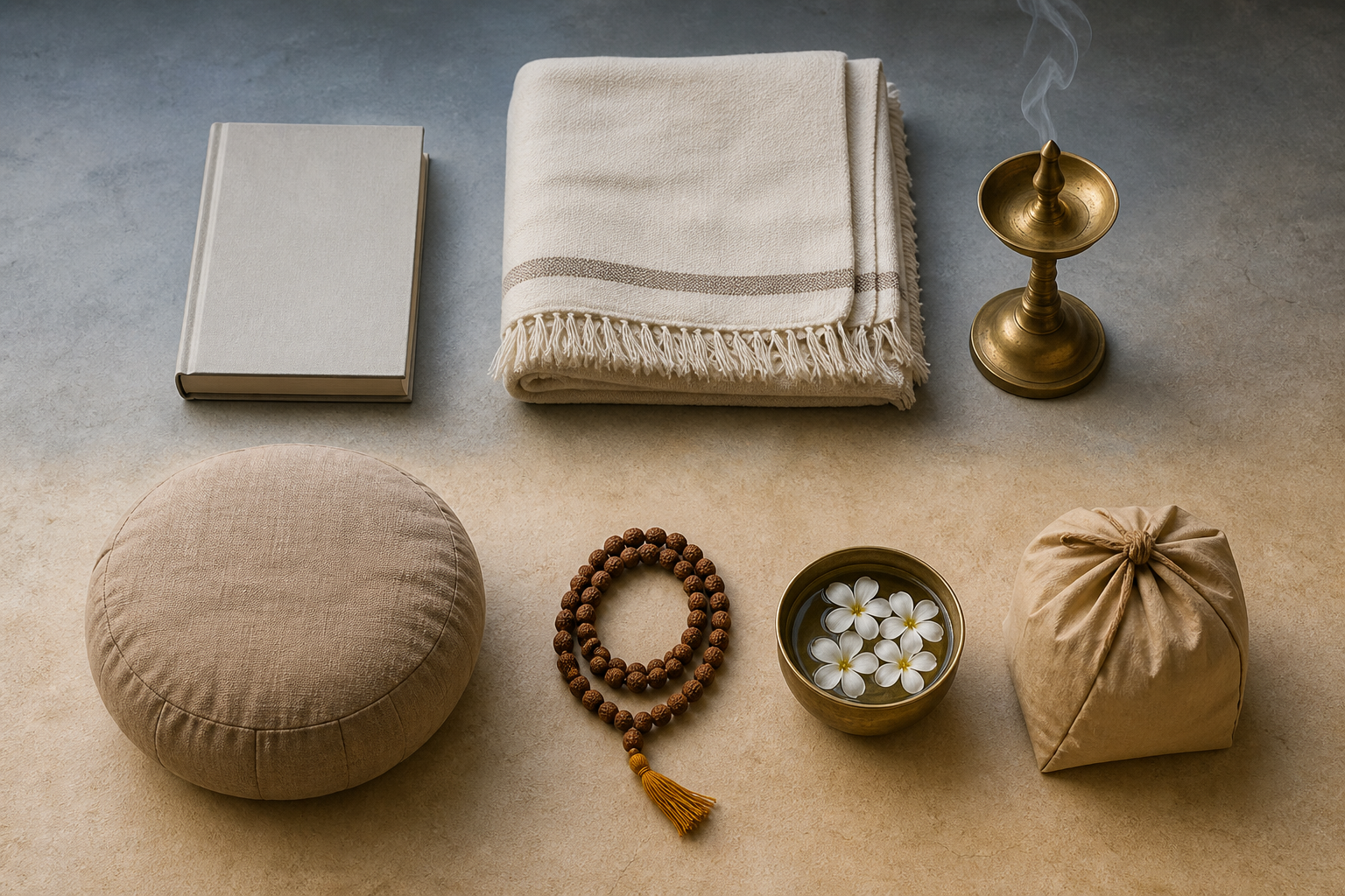 An overhead arrangement pairs a closed book, folded shawl, and extinguished lamp with prayer beads, flowers, water, a meditation cushion, and a food donation parcel.