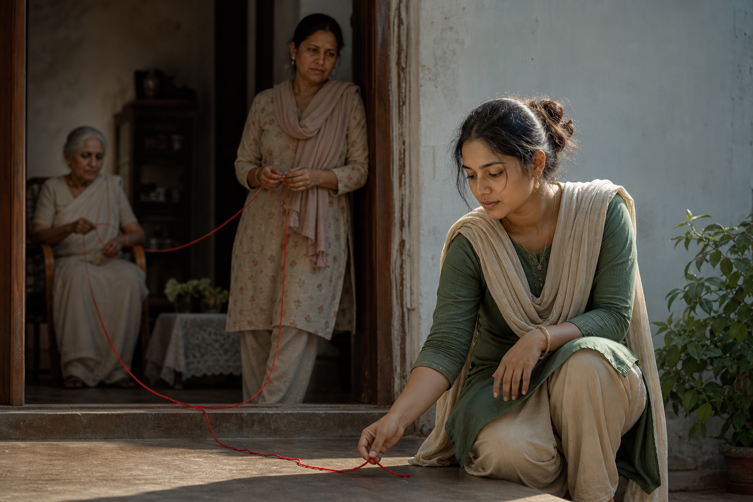 Three generations stand at different depths in a home as the youngest person steps into daylight and sets down a loose red thread.