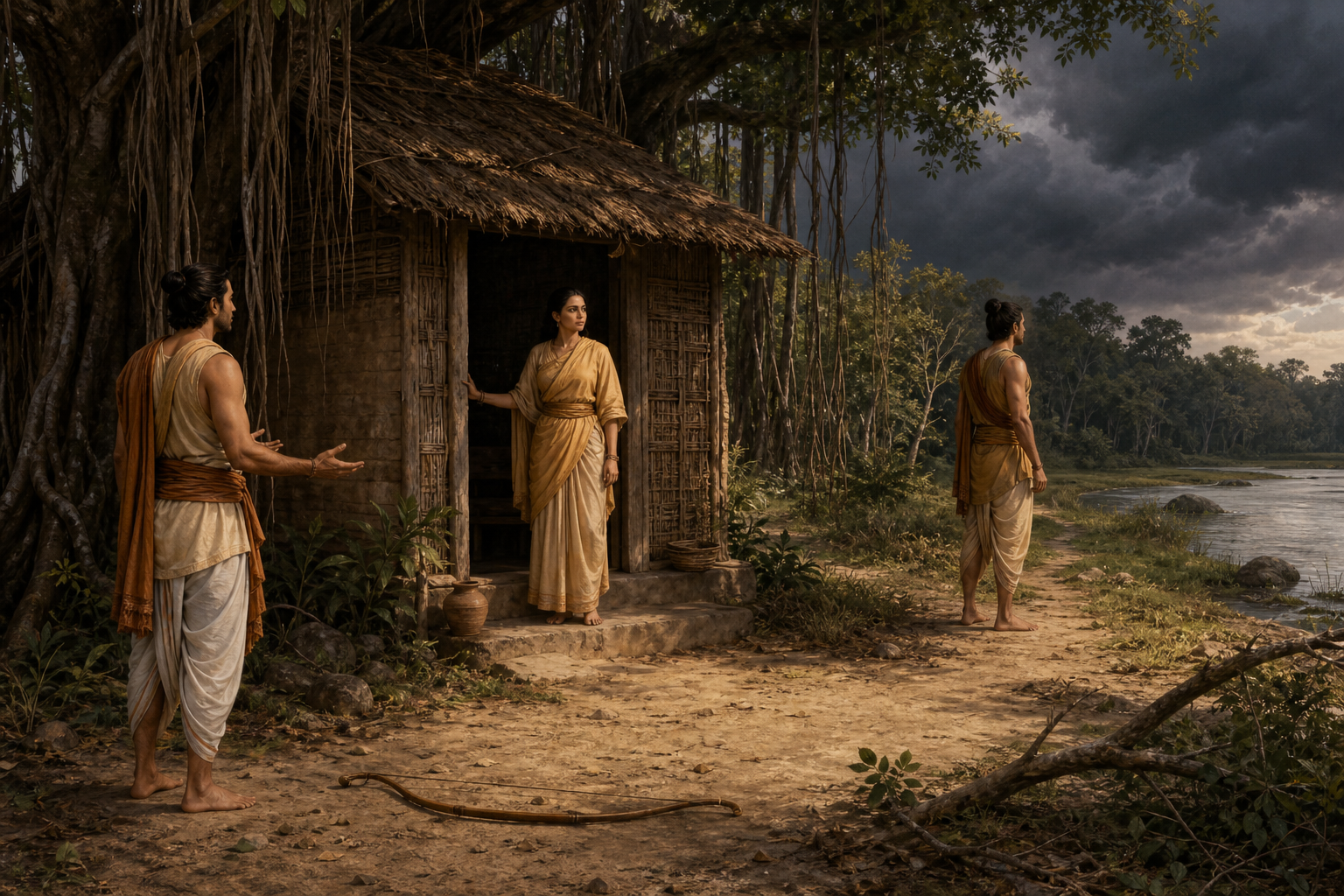 Three adults stand at measured distances around a forest hermitage in Panchavati, while an undrawn bow lies on the ground and the woods darken beyond them.