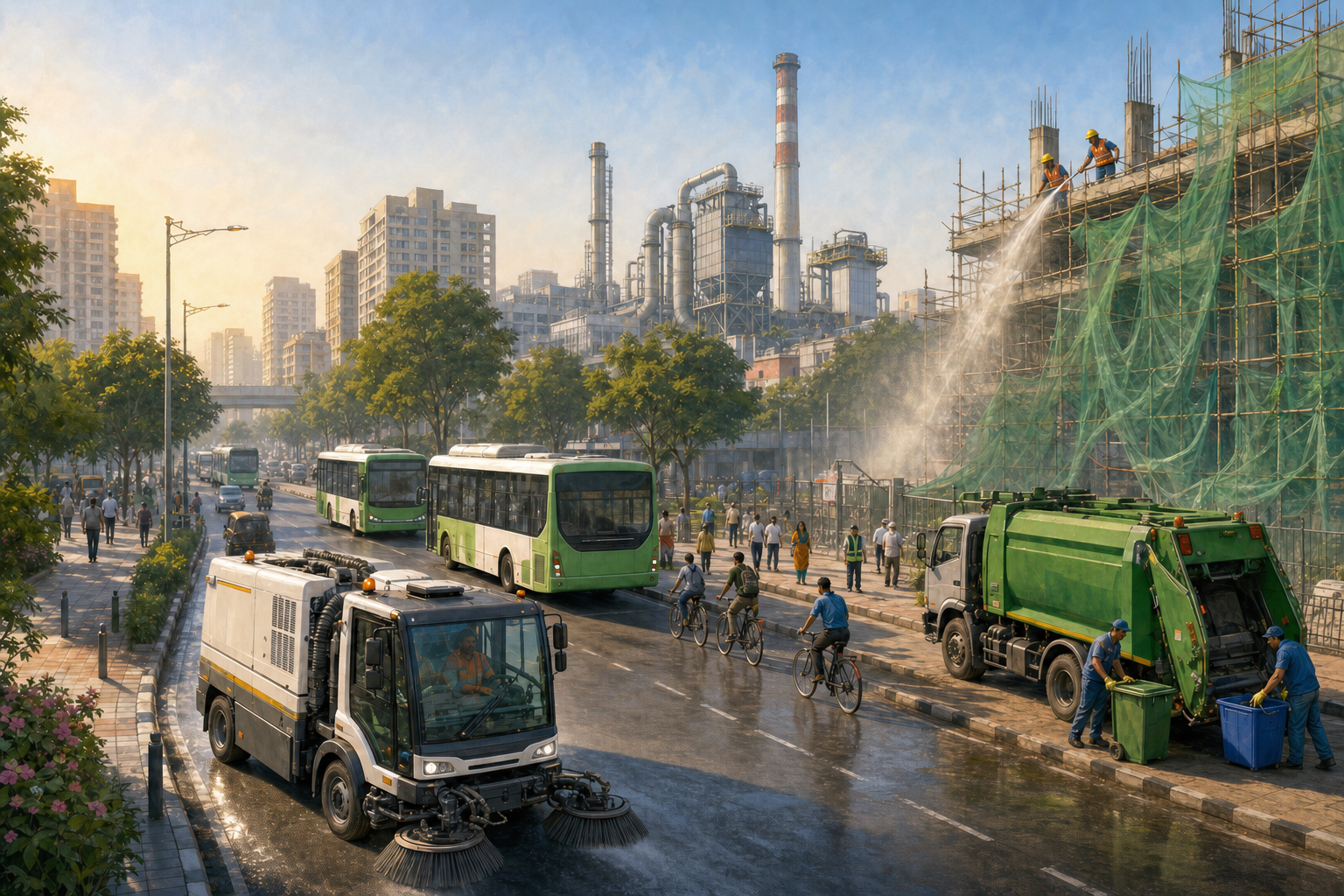 An Indian city street with a road sweeper, dust-controlled construction, electric public transport, waste collection and cleaner air measures.