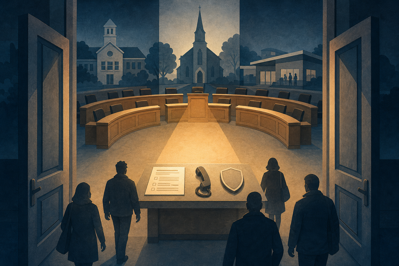 An open council chamber casts light toward reporting objects, while a school, place of worship and community centre appear in the distance.