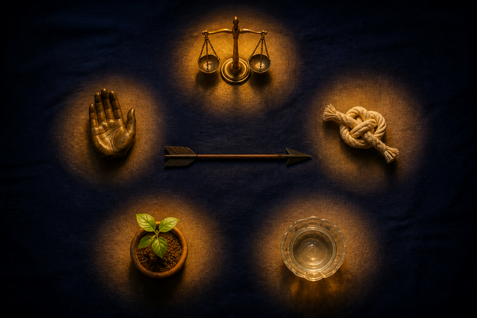 Five pools of lamplight surround an arrow and illuminate a balance scale, an open hand, a knotted cord, a seedling, and a reflective water bowl.