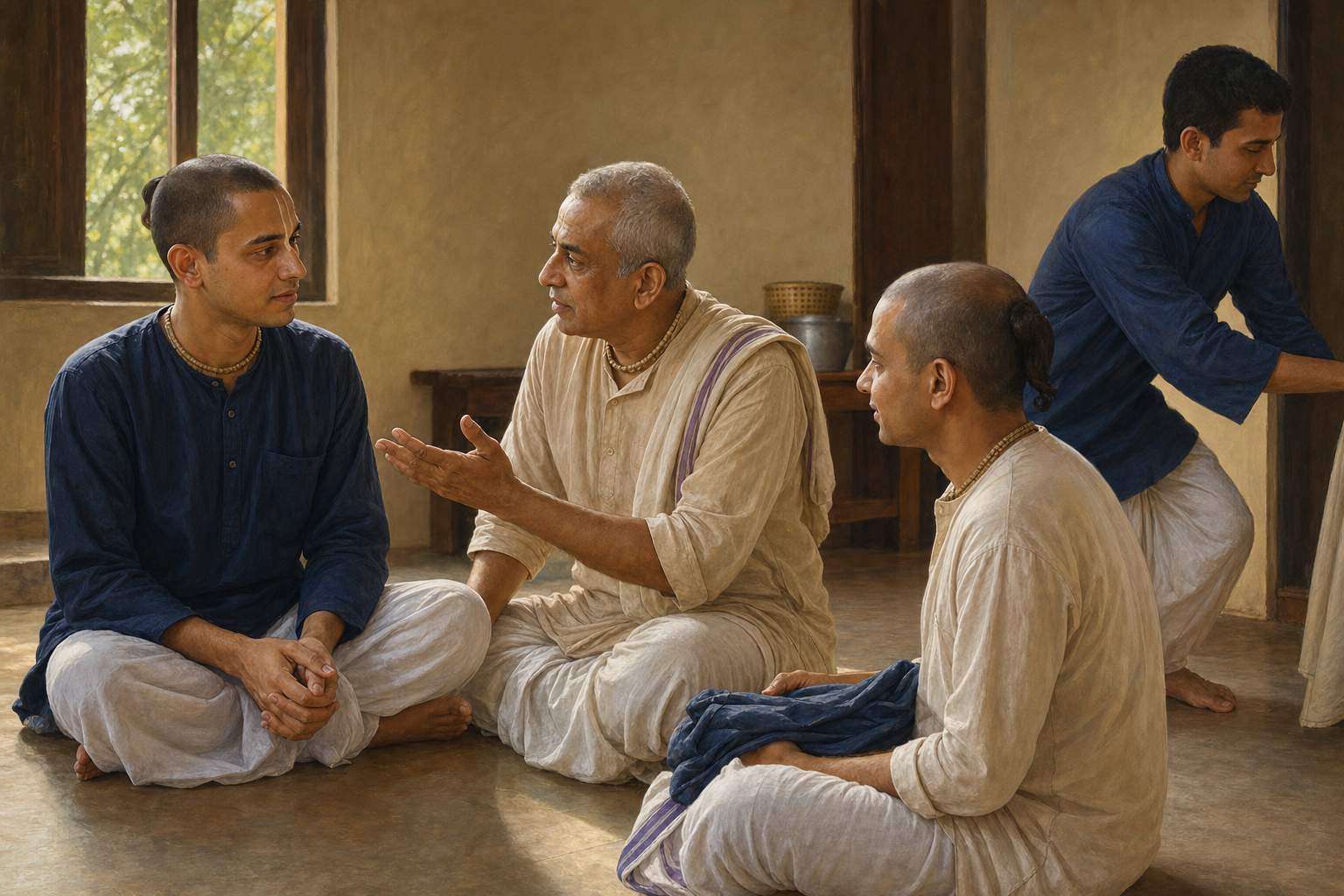 A seated Vaishnava devotee listens to gentle correction while other community members wait and make room nearby.