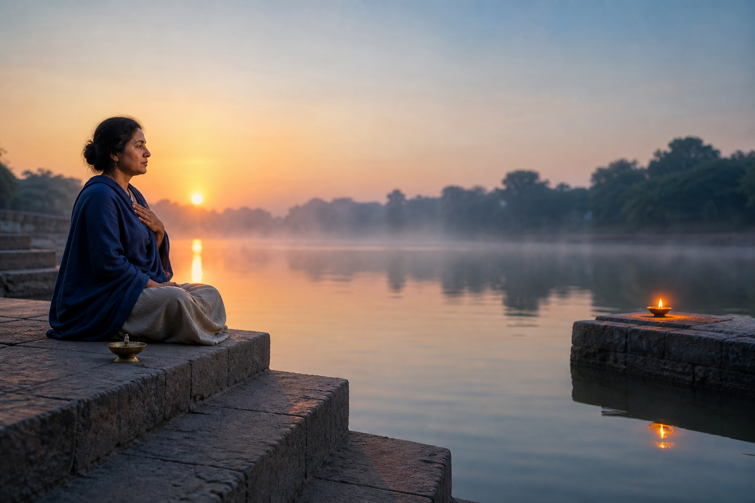 A person sits beside a river at sunrise between two brass lamps placed on separate stone ledges.