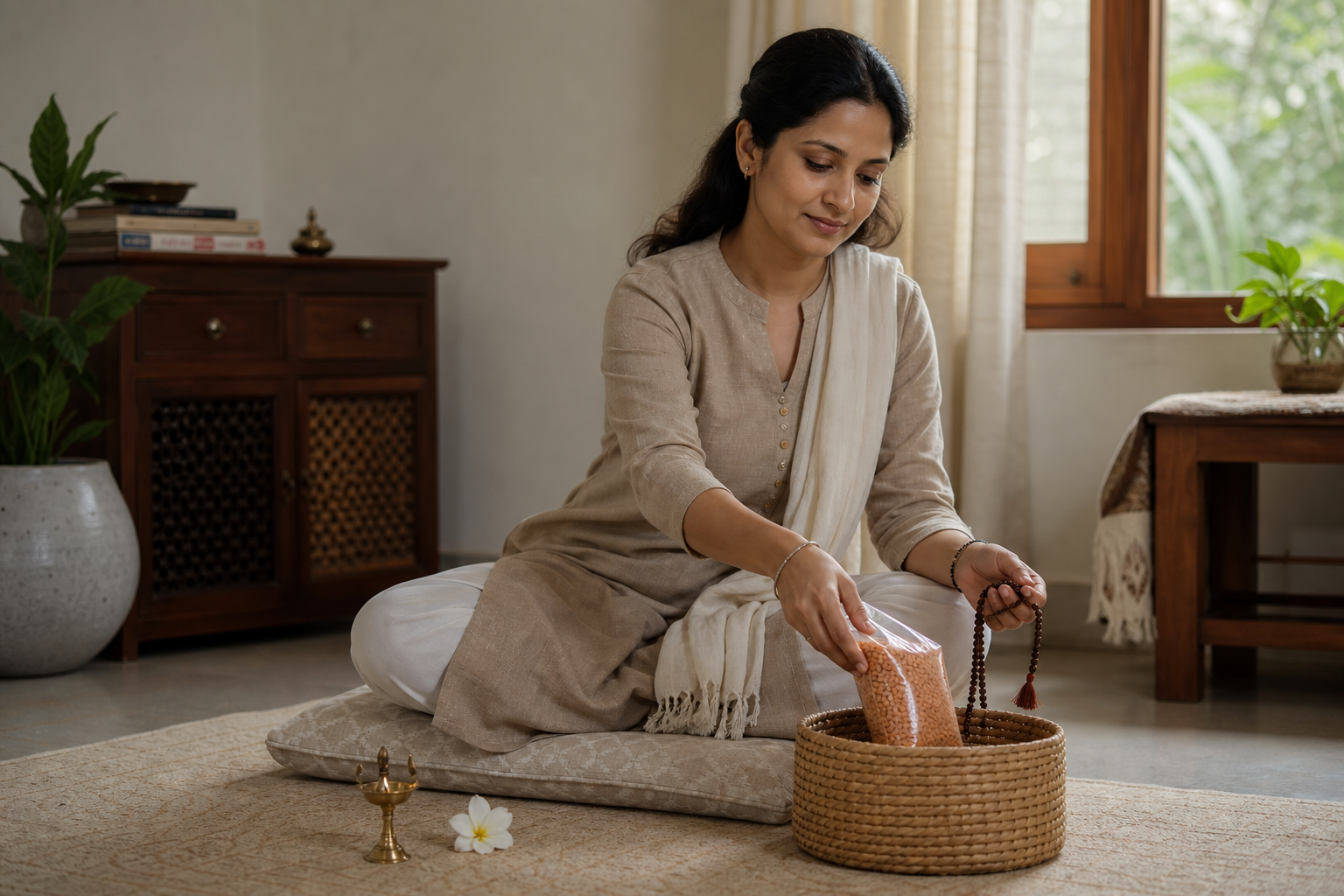 A calm adult seated on a floor cushion places a bag of lentils in a donation basket beside prayer beads, a brass lamp, and a white flower.
