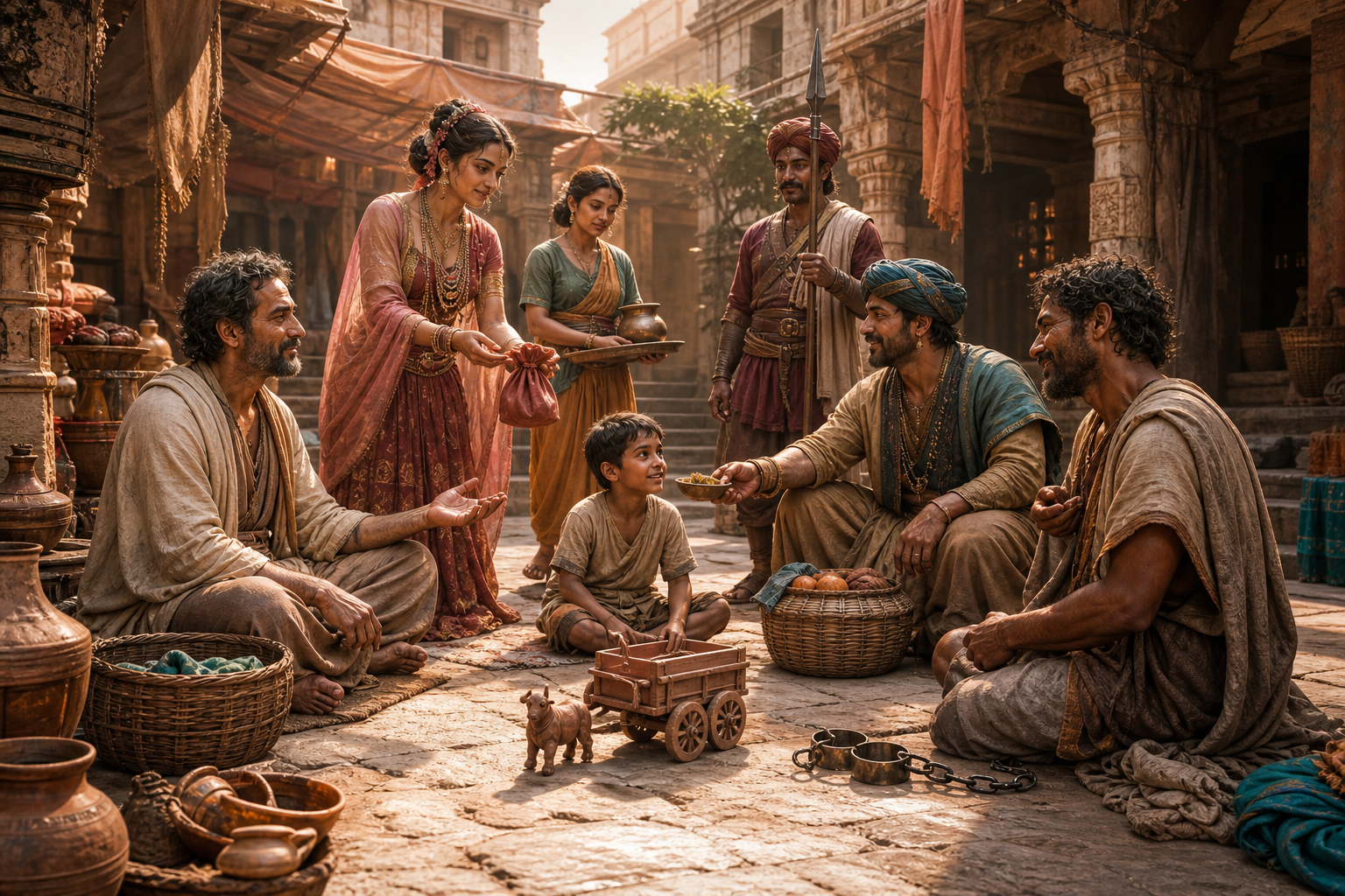 A clay toy cart sits at the center of an ancient city courtyard as a child and a varied group of townspeople gather around opened shackles and a jewelry pouch.
