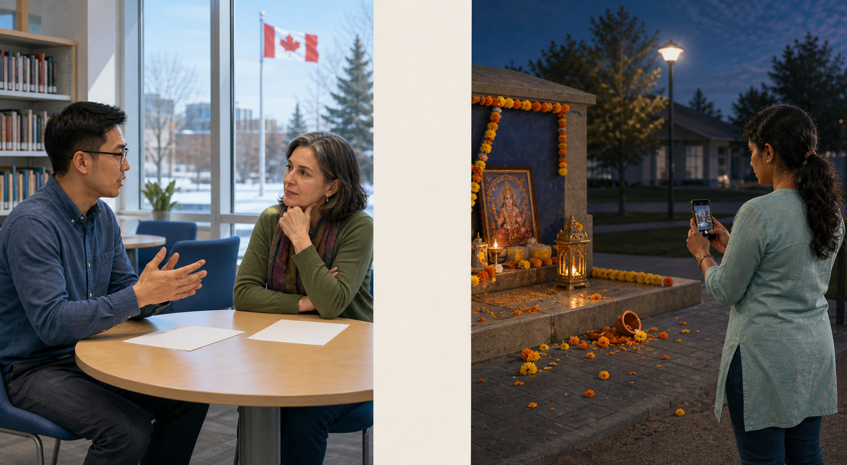 One scene shows two residents calmly discussing different views, while another shows a volunteer documenting a knocked-over diya and scattered flowers.