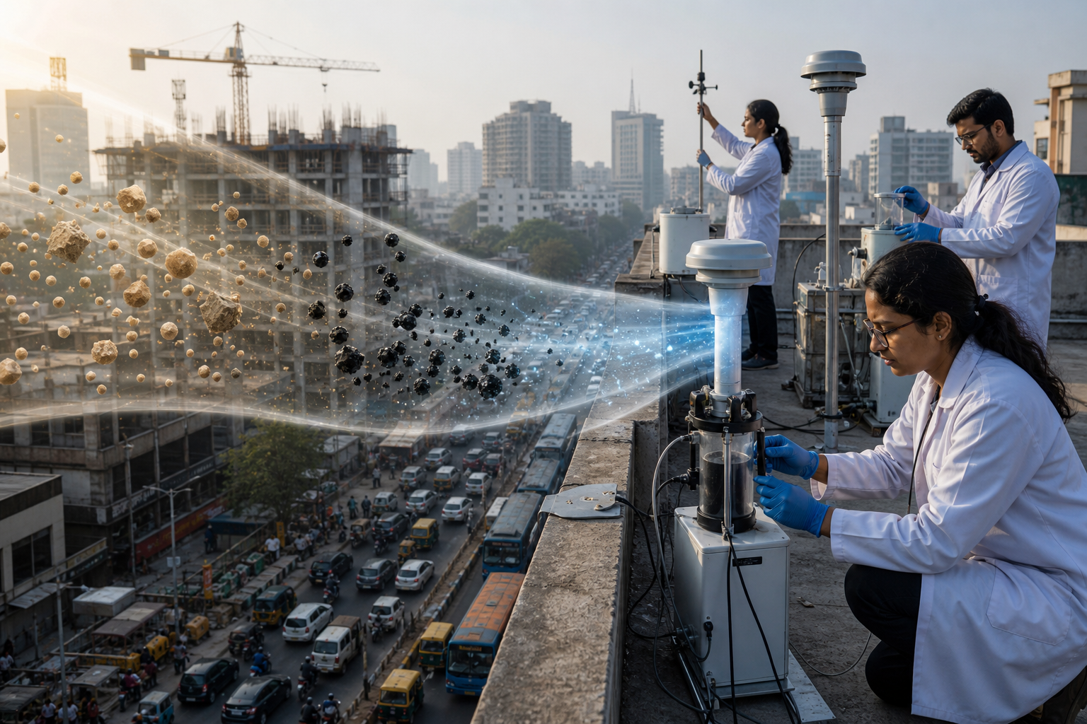 Air-quality workers sample city air containing coarse dust, dark soot particles and a faint bluish haze.