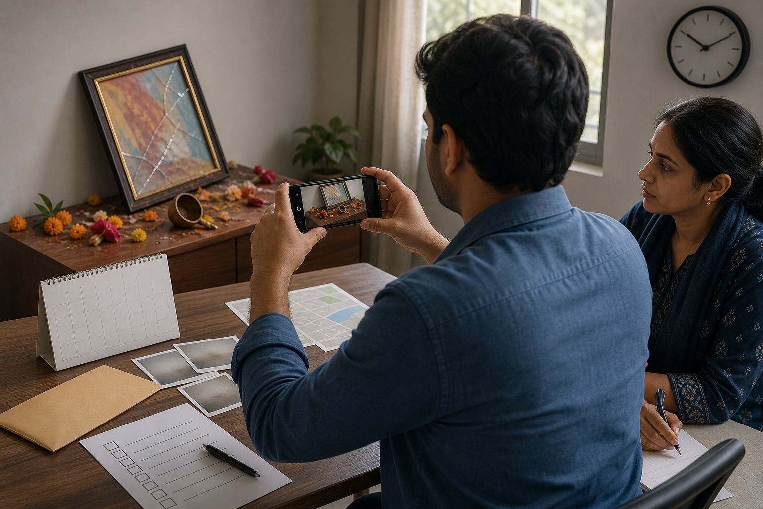 A resident photographs a damaged community display and organizes a calendar, map, envelope and blank checklist with a community worker nearby.