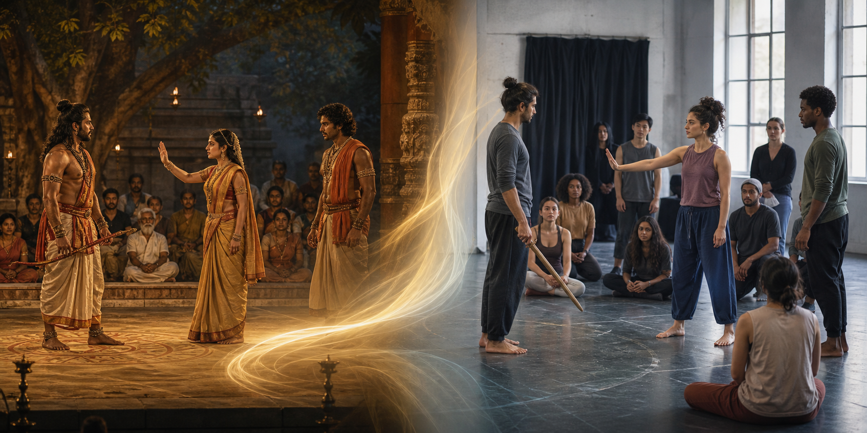 A classical outdoor performance and a contemporary studio rehearsal mirror the same three-character encounter with different spacing, gestures, and treatment of a prop weapon.