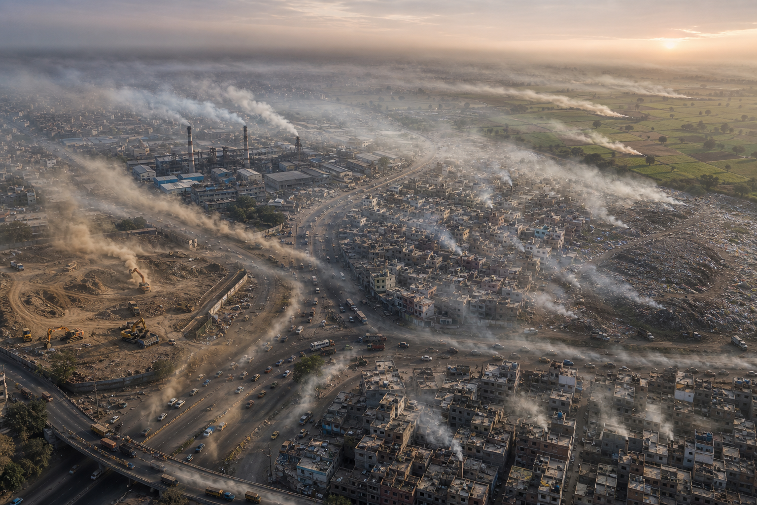 Aerial view of roads, construction, industry, homes, waste and farmland releasing different plumes into one urban airshed.