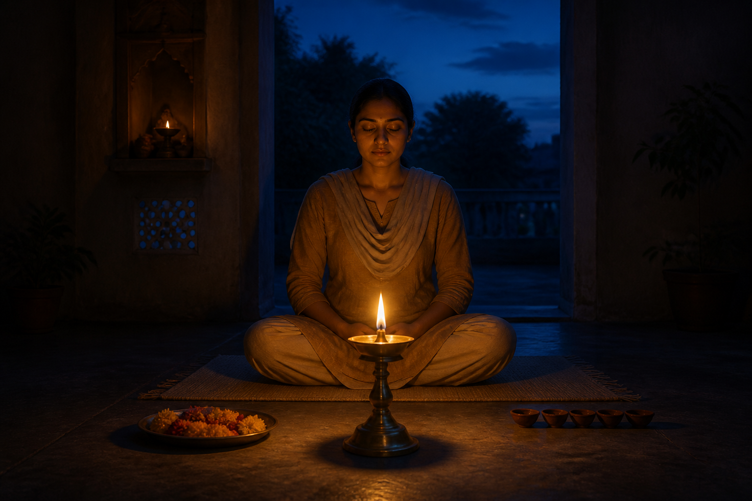 An Indian devotee meditates in a dim prayer alcove behind a glowing brass oil lamp, with flowers and earthen lamps nearby.