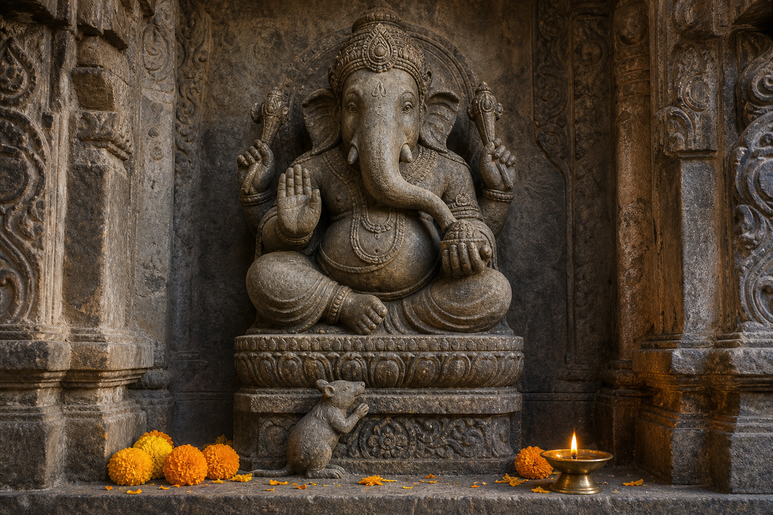 A stone Ganesha murti and its small mouse vahana are illuminated by an oil lamp in a temple alcove.