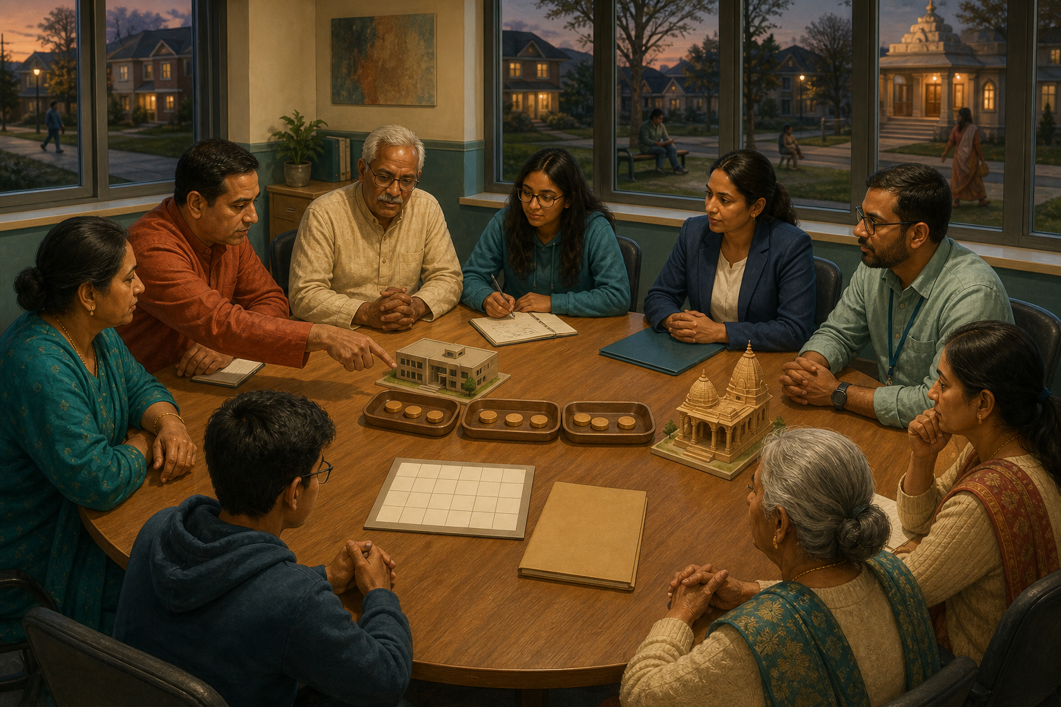 Residents and institutional representatives sit around a table reviewing wooden progress markers, a blank calendar and models of a school and place of worship.