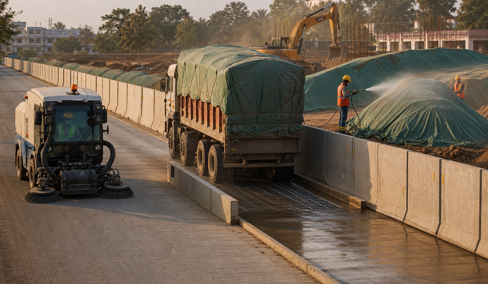 Workers contain construction dust with covered loads, tarpaulins, water mist, a wheel-wash area and a road vacuum sweeper.
