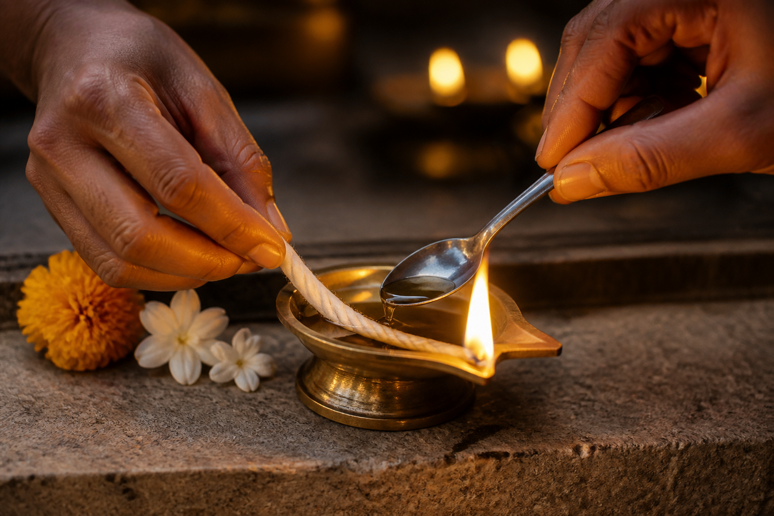 Hands place a cotton wick into a brass oil lamp on a stone threshold beside marigold and jasmine flowers.