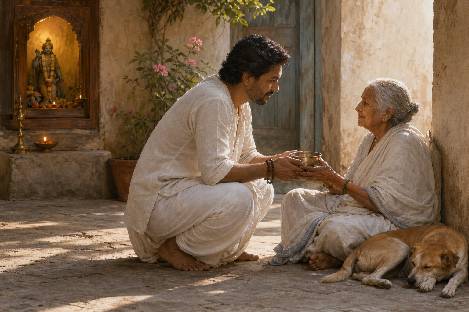 A devotee kneels in a sunlit courtyard to offer water to an elderly neighbor, with prayer beads on one wrist and a small household shrine in the background.