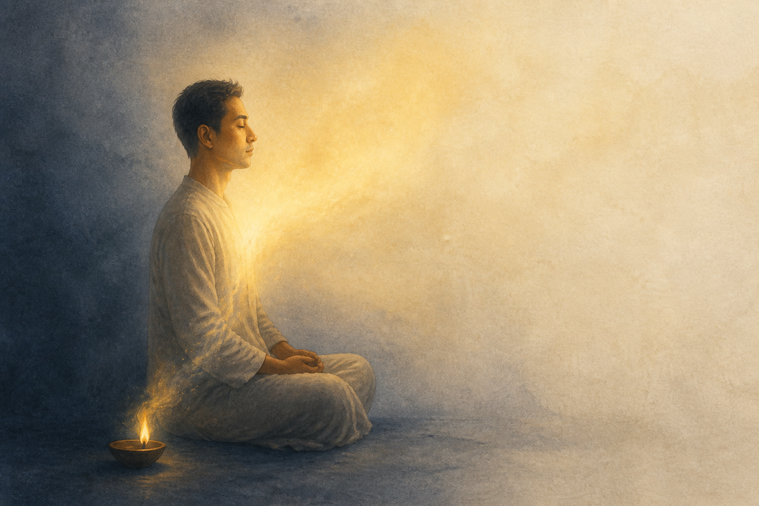A side-profile meditator sits with closed eyes as the glow of a small oil-lamp flame expands into soft golden light around the figure.
