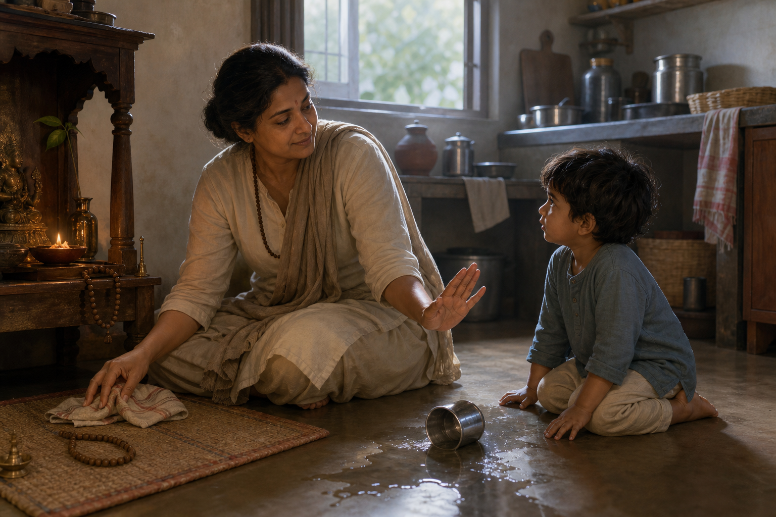 A seated devotee calmly reaches for a cloth after a child spills water beside a small home prayer space.
