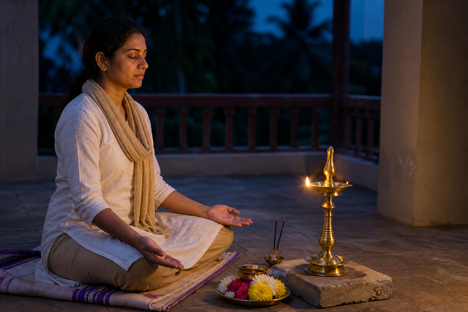 A devotee meditates on a folded mat facing a brass oil lamp on a low stand, with simple puja offerings beside it.