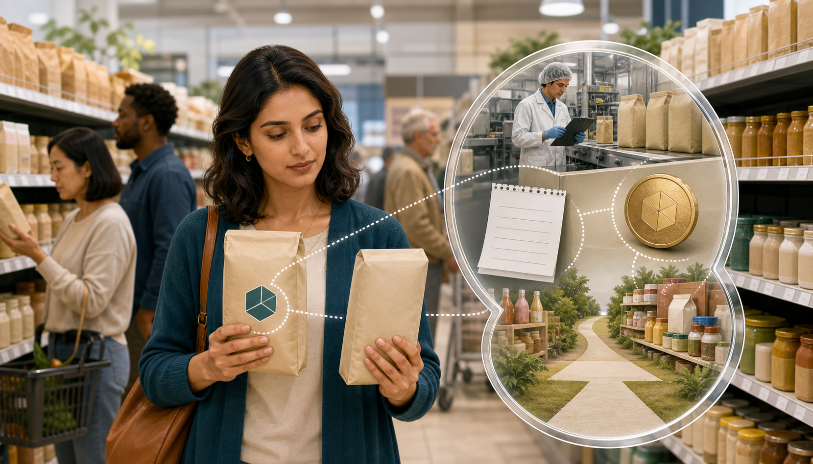 A shopper in a grocery aisle compares two unbranded food packages while a magnifying glass reveals certification, inspection, cost, and consumer-choice clues.