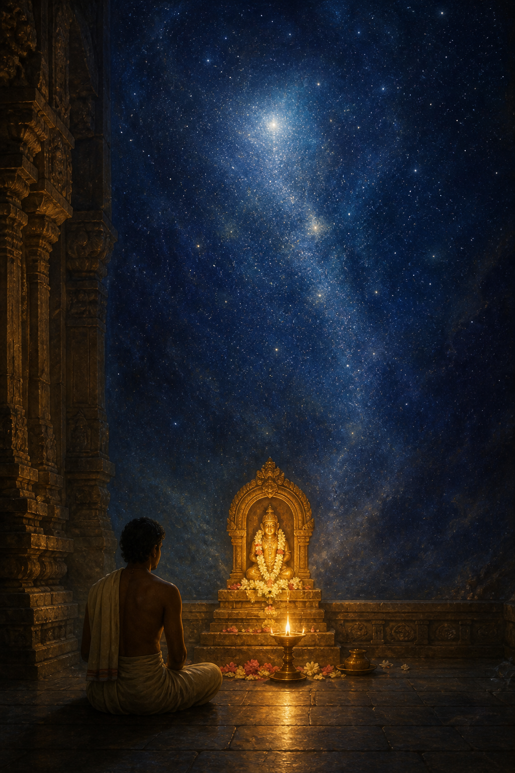 A devotee sits before a flower-garlanded murti and oil lamp as the temple sanctum opens visually into a vast indigo, star-filled space.